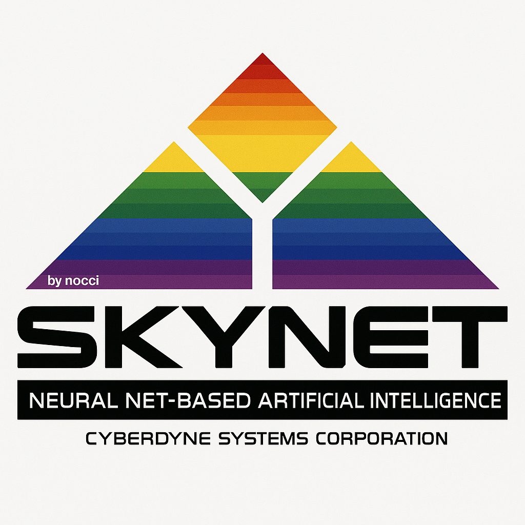 Symbol of Skynet - a triangle interrupted by an "Y" and in pride colors.